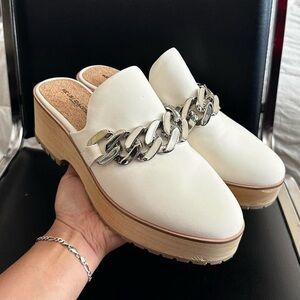 KELSI DAGGER Platform Leather Mules Silver Chain Hardware in Cream-9.5~Orig $180